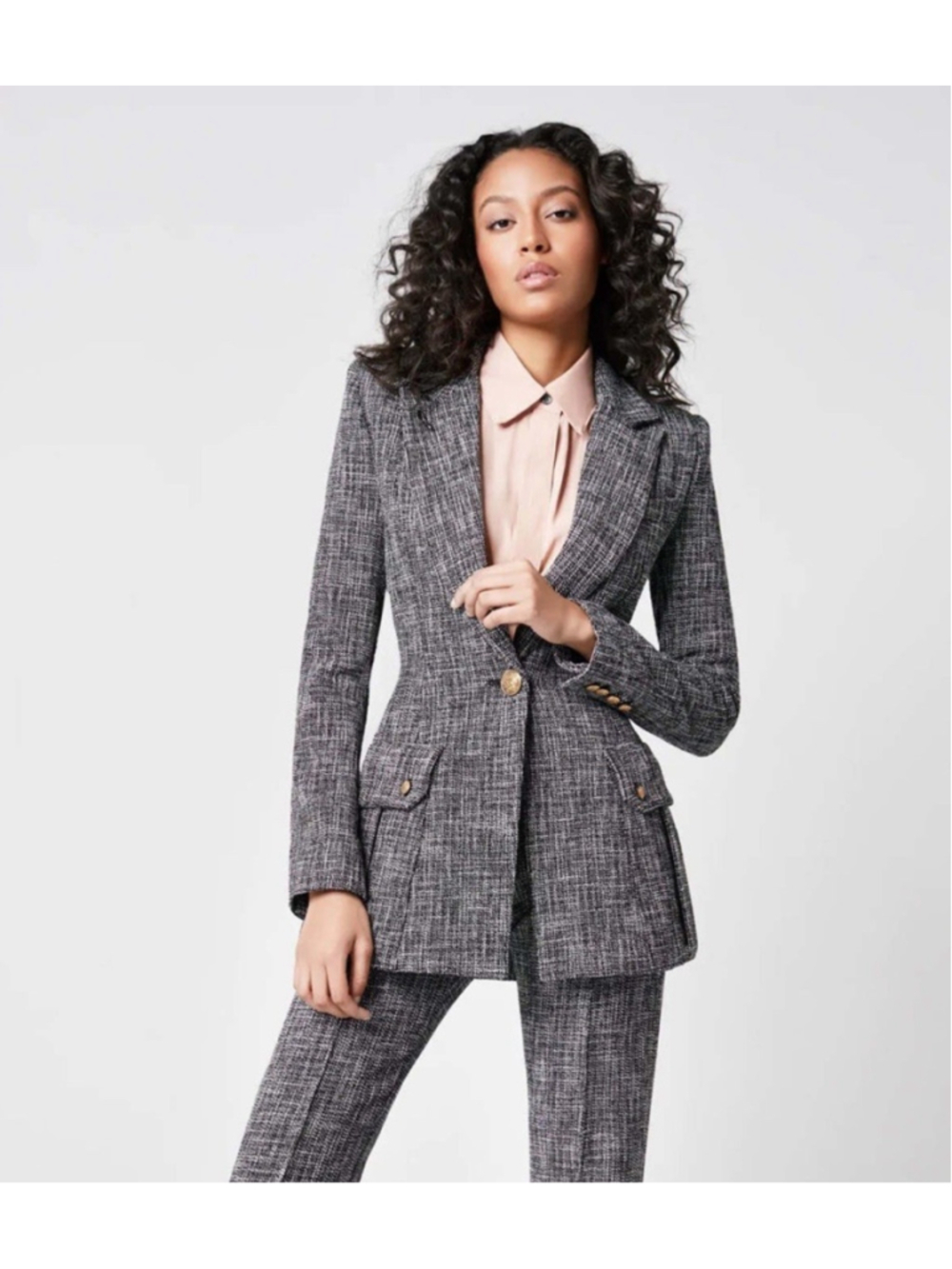 SMYTHE Cargo Pocket Longline Tweed Blazer Black White Size 2 Gold Button Jacket